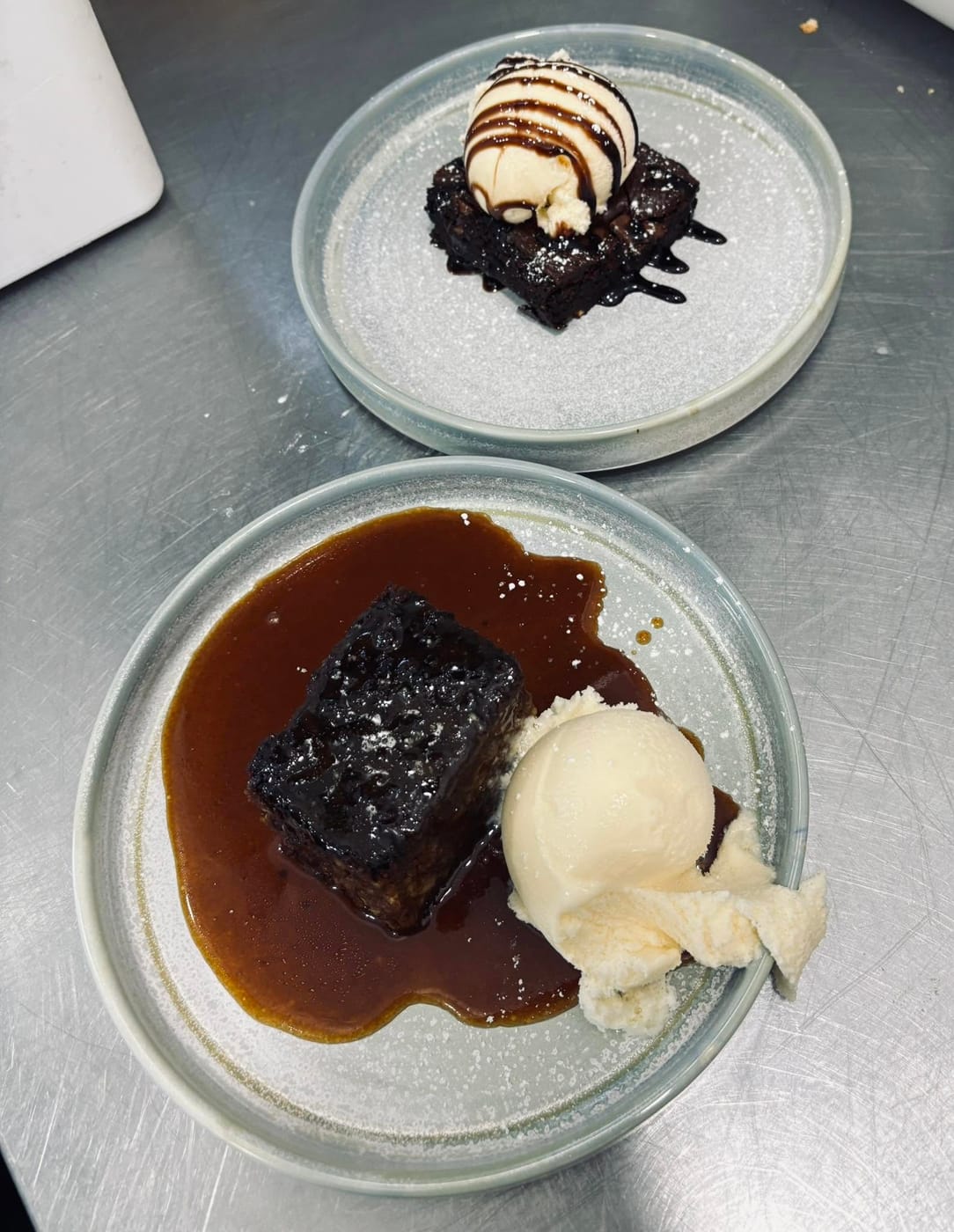 Sticky toffee pudding and chocolate brownie desserts